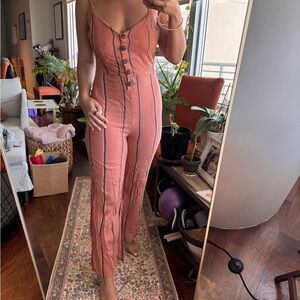 Urban Outfitters Pink Black Striped Sleeveless Wide-Leg Jumpsuit V-Neck S-P